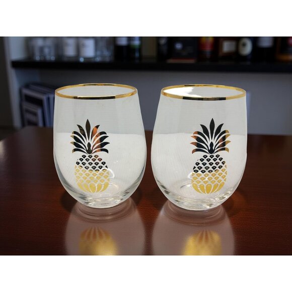 vintage gold trim golden pineapple stemless Highball glasses - Picture 3 of 9